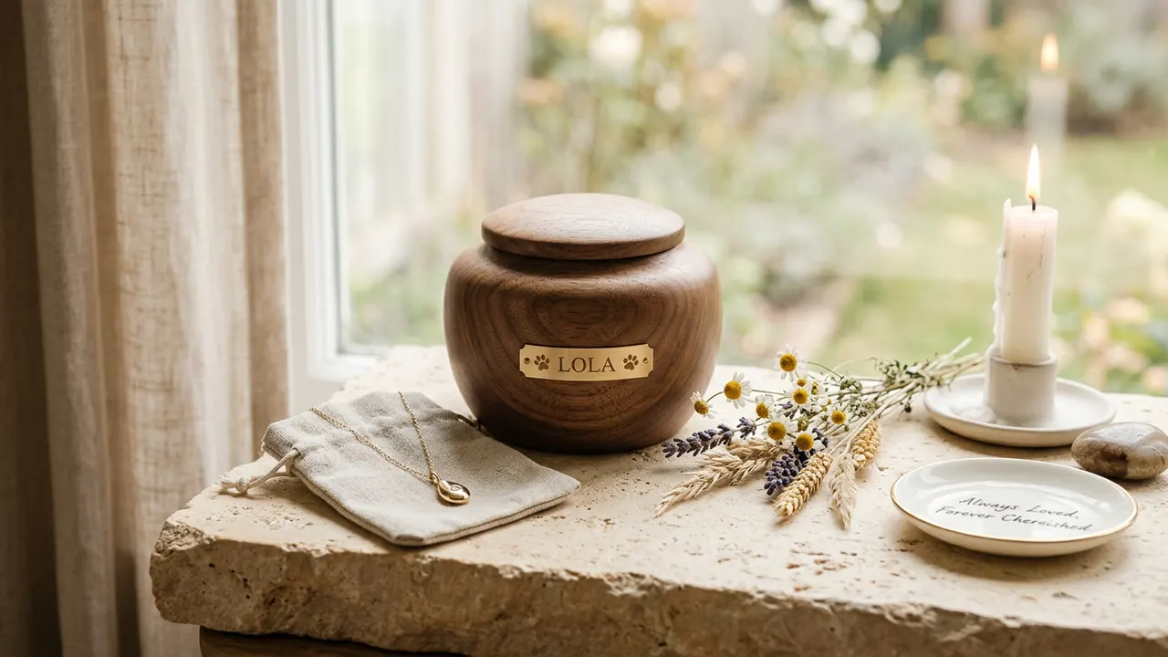 Soft still life of a wooden pet memorial urn and cremation jewelry on warm cream stone — research brand hero, no factory catalog
