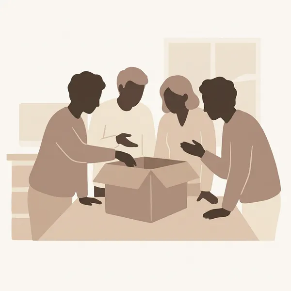 Four abstract buyer silhouettes reviewing a memorial product package — match buyer type